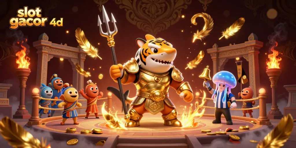 Permainan slot gacor 4d dengan hiu kartun dalam armor gladiator, atmosfera koloseum di bawah laut.