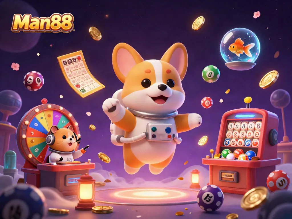 Experience thrilling moments with Man88 in a vibrant casino scene featuring flying lottery balls and exciting gaming elements.