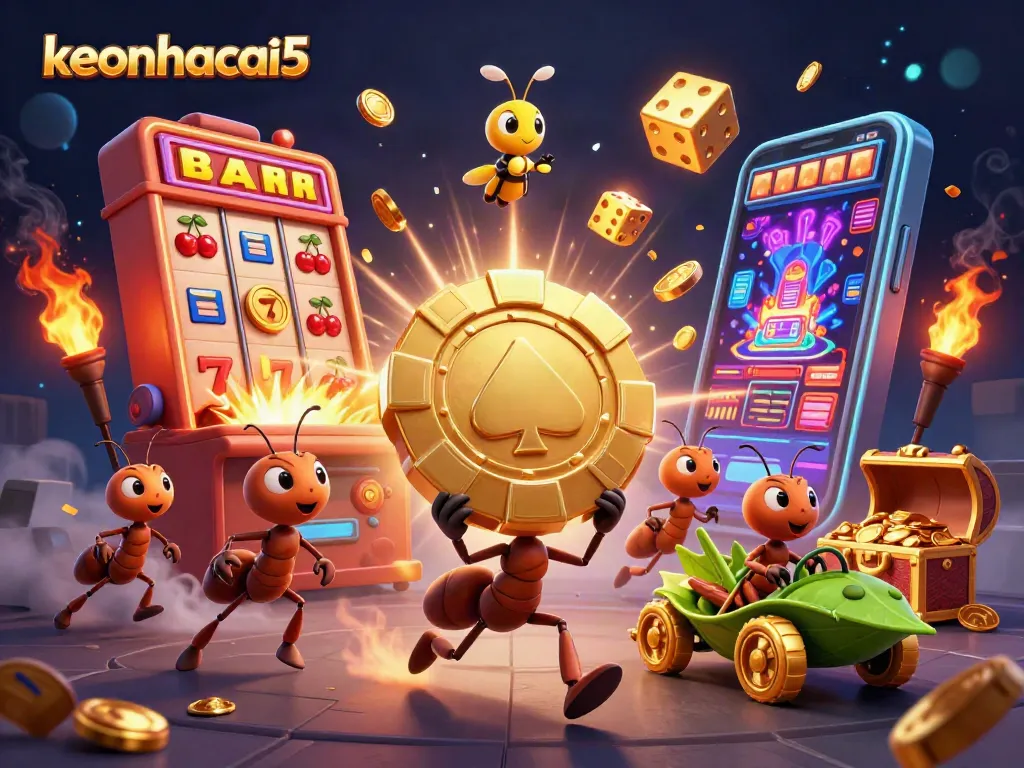 Experience thrilling heist action with keonhacai5 as ants carry massive golden poker chip amidst vibrant casino elements.