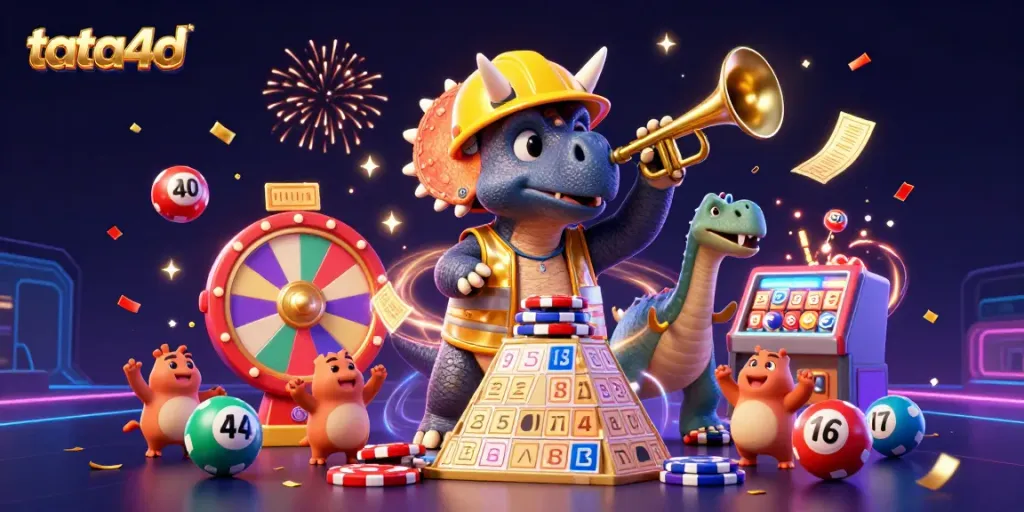 Tata4D showcases a lively celebration of gambling with playful dinosaurs and colorful lottery elements.