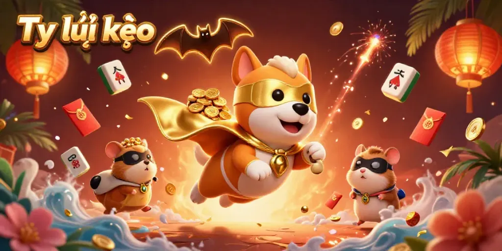 Experience Tỷ lệ kèo as a superhero dog and hamster bring excitement in a colorful casino scene.
