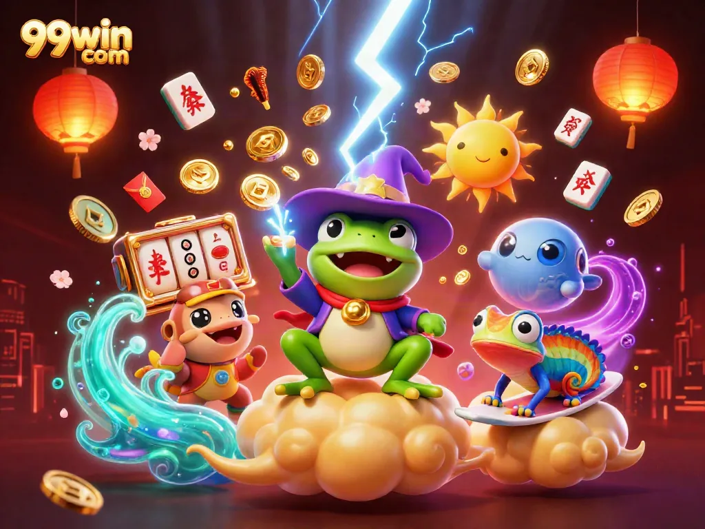 Engaging scene of 99win com featuring a weather wizard frog and a chameleon with golden coins and fireworks in a dynamic casino setting.