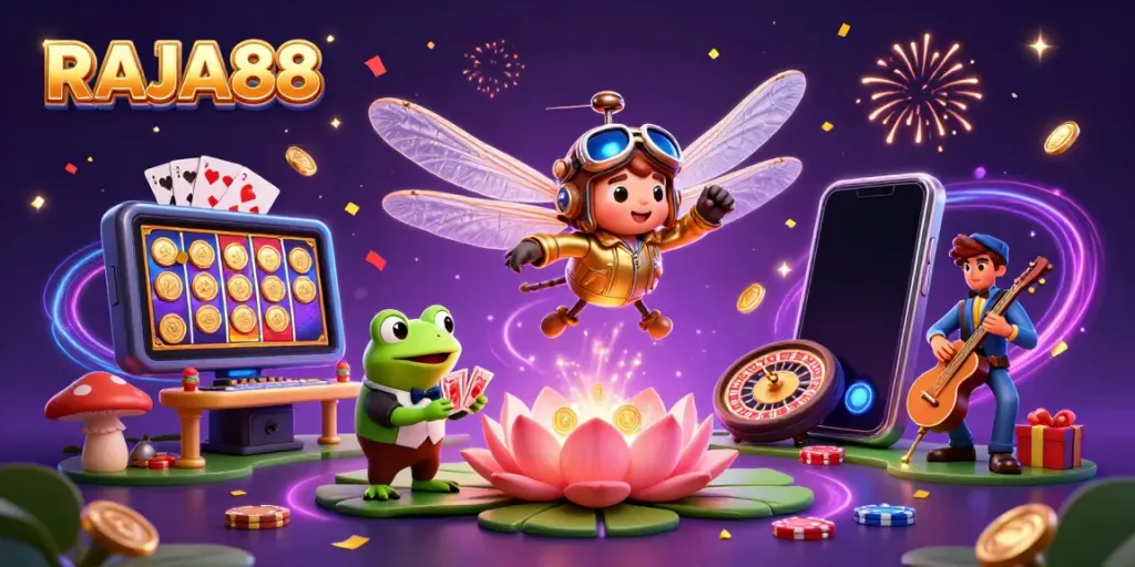 Join the excitement of RAJA88 with a vibrant cartoon scene of a dragonfly pilot, frog dealer, and jazz musicians.