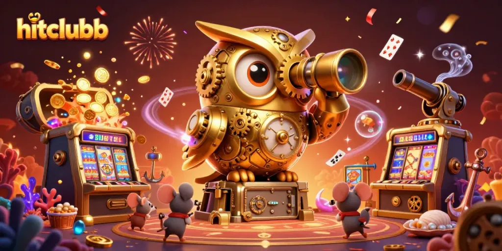 Engage in the thrilling world of hitclubb with a vibrant 3D casino scene featuring golden owl and animated characters.