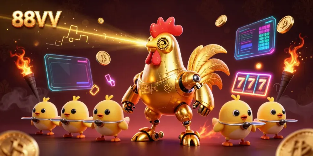 Experience the excitement of 88VV with a golden rooster robot and baby chick drones in a 3D casino scene.
