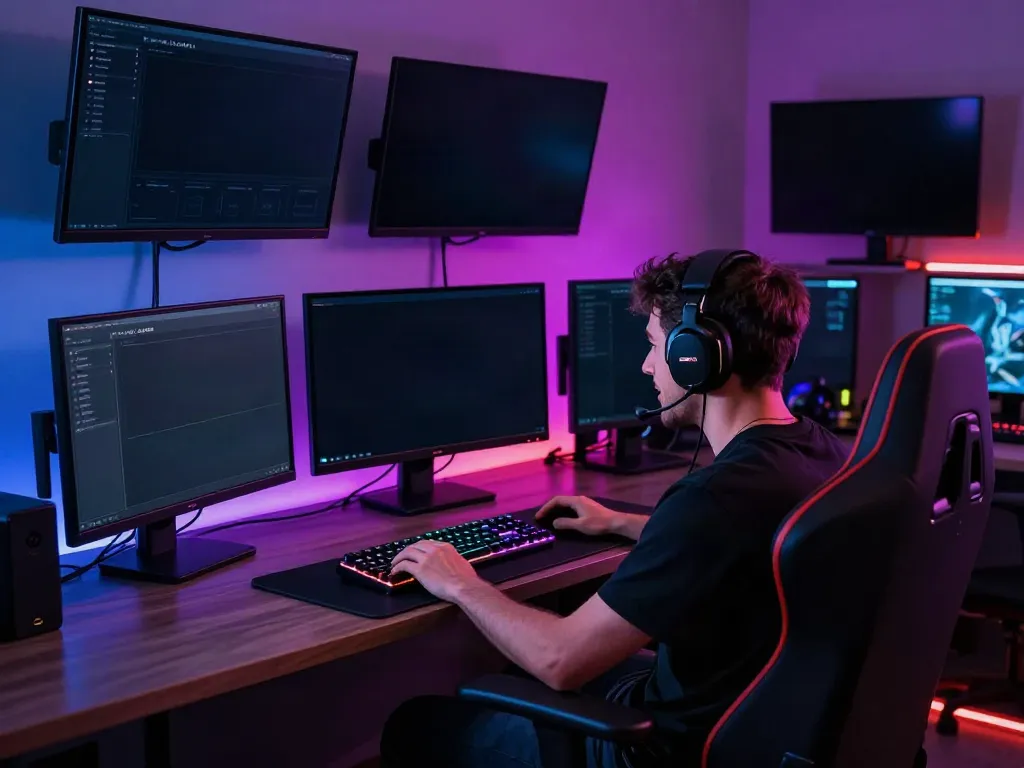 Gamer immersed in KILAT404 online gaming, showcasing dynamic setup and vibrant atmosphere.