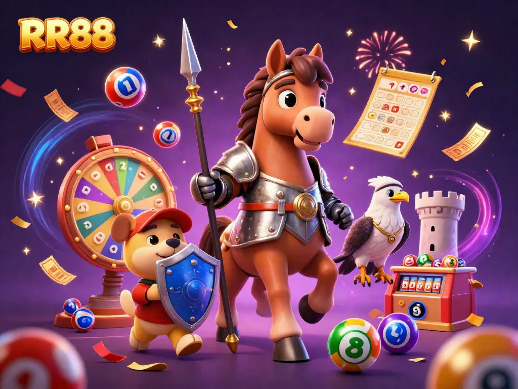 Experience excitement at RR88 with a dynamic 3D scene of knights and playful gaming elements.