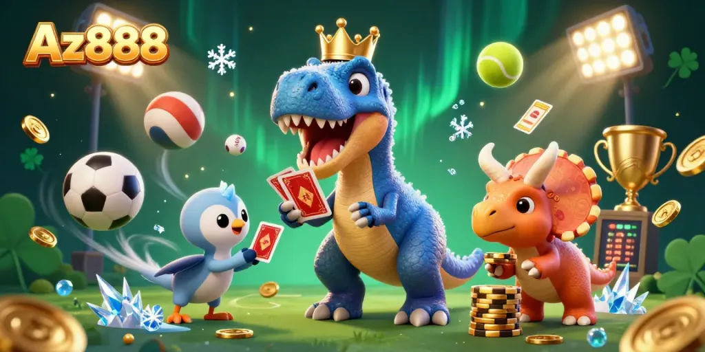 Experience thrilling gameplay with Az888 through a vibrant 3D casino scene featuring cartoon dinosaurs and dynamic elements.