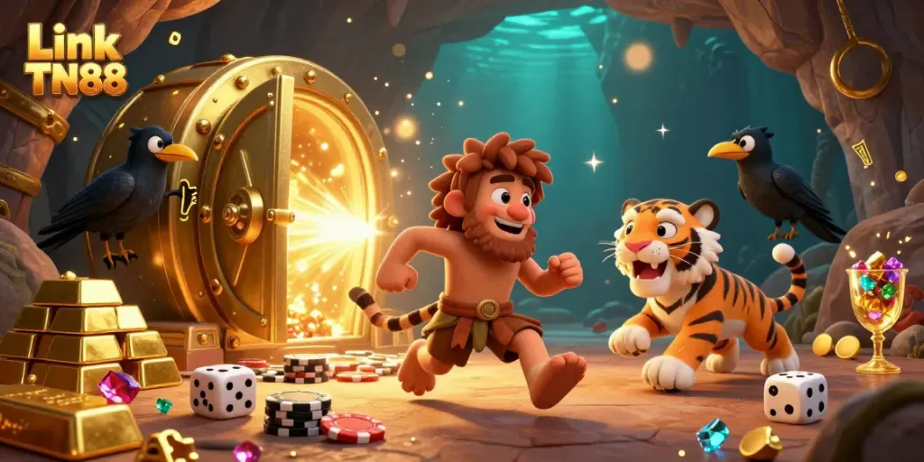 Engage in dynamic gameplay with Link TN88 featuring a cartoon caveman and tiger at a prehistoric casino.