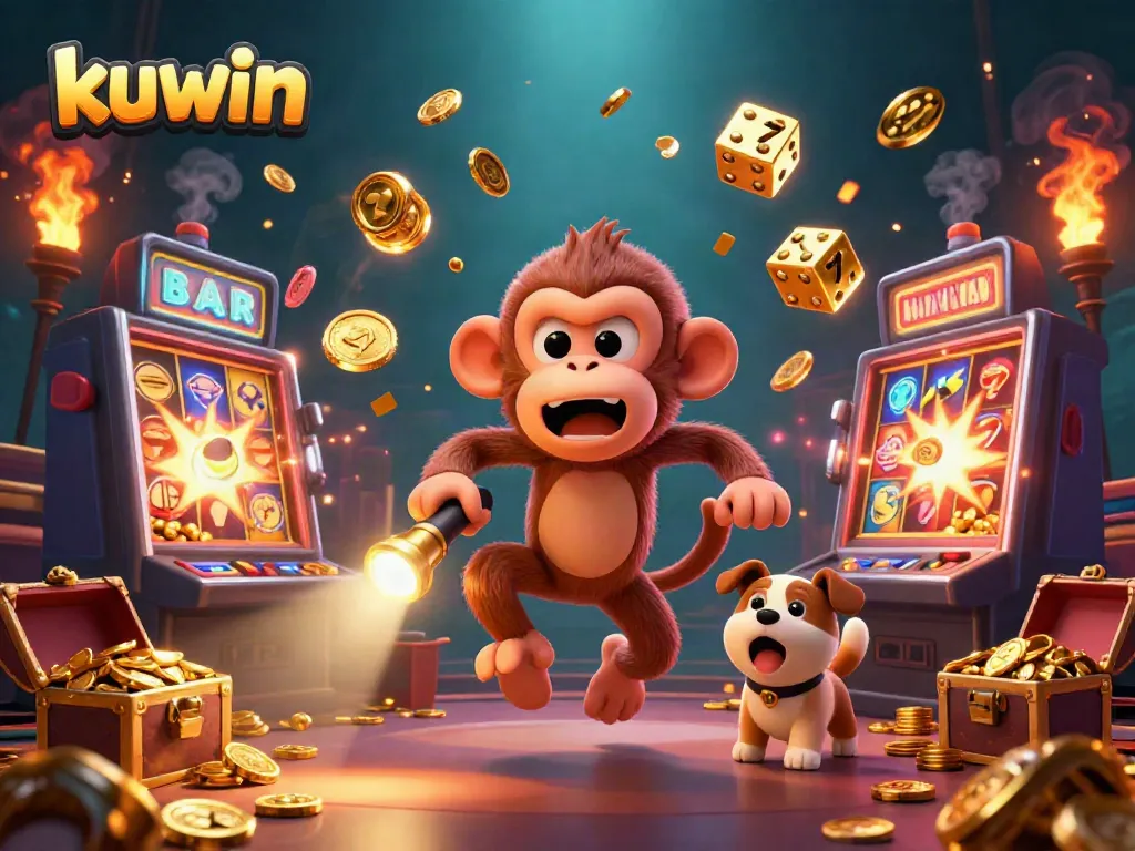 Kuwin's thrilling casino scene features a playful poltergeist monkey juggling golden treasures, enhancing the betting excitement.