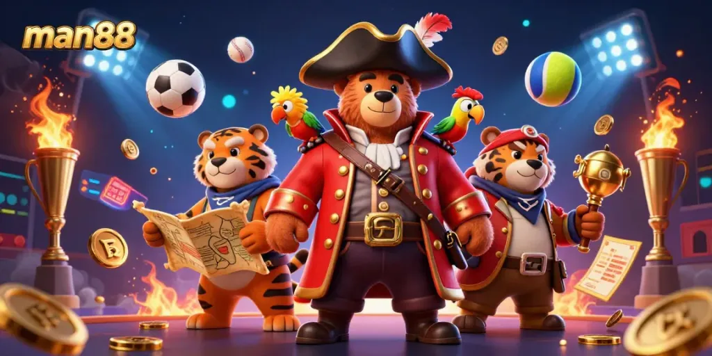 Bet and win big with man88 featuring an exciting 3D pirate scene with sports elements.
