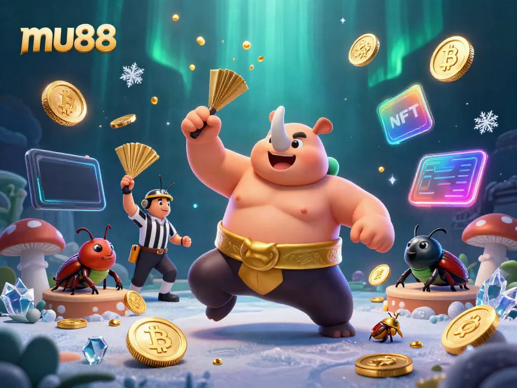 Experience the thrill of mu88 with the sumo champion beetle amidst flying coins and vibrant gaming elements.