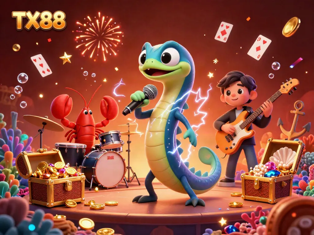 Experience the excitement of TX88 with an underwater casino party led by a DJ electric eel and vibrant sea creatures.