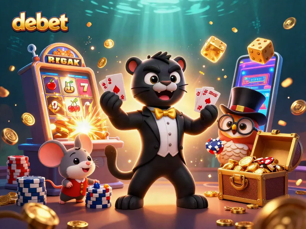 Engage with debet gaming visuals featuring a panther dealer, lucky symbols, and vibrant casino elements.
