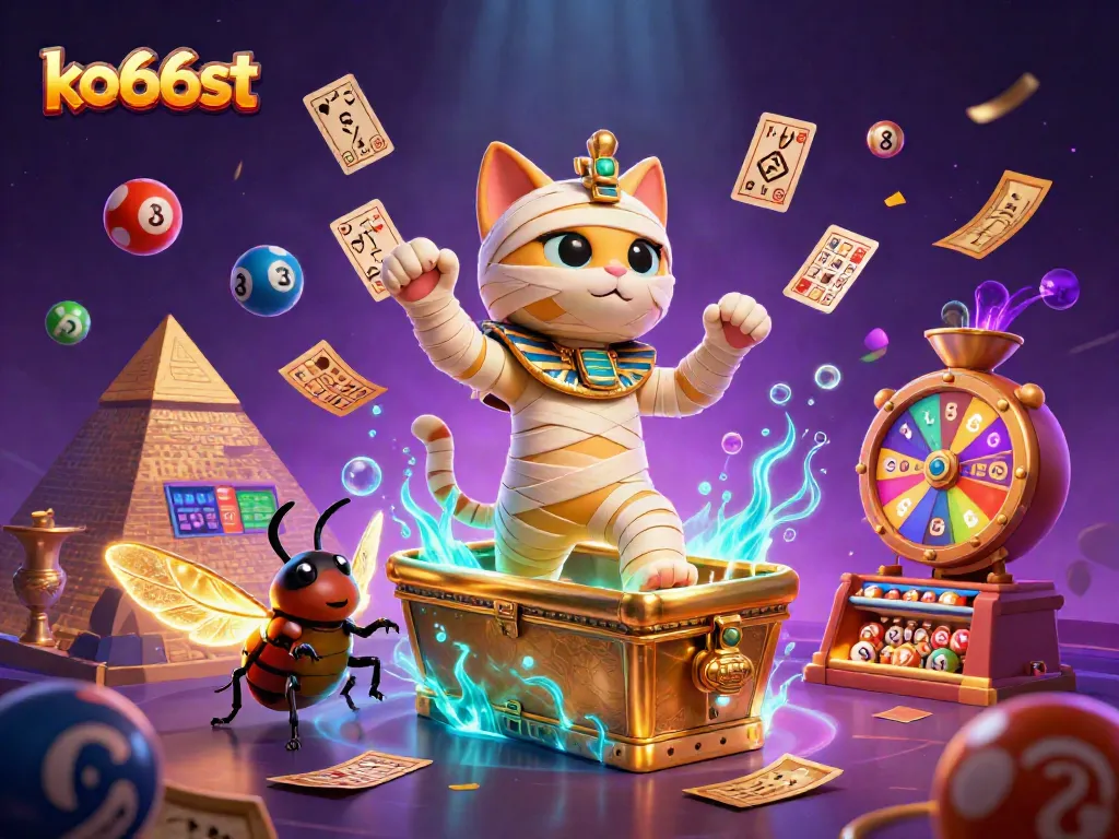 Experience the thrill of ko66st with a vibrant 3D casino scene showcasing a mummy cat and dynamic gaming elements.
