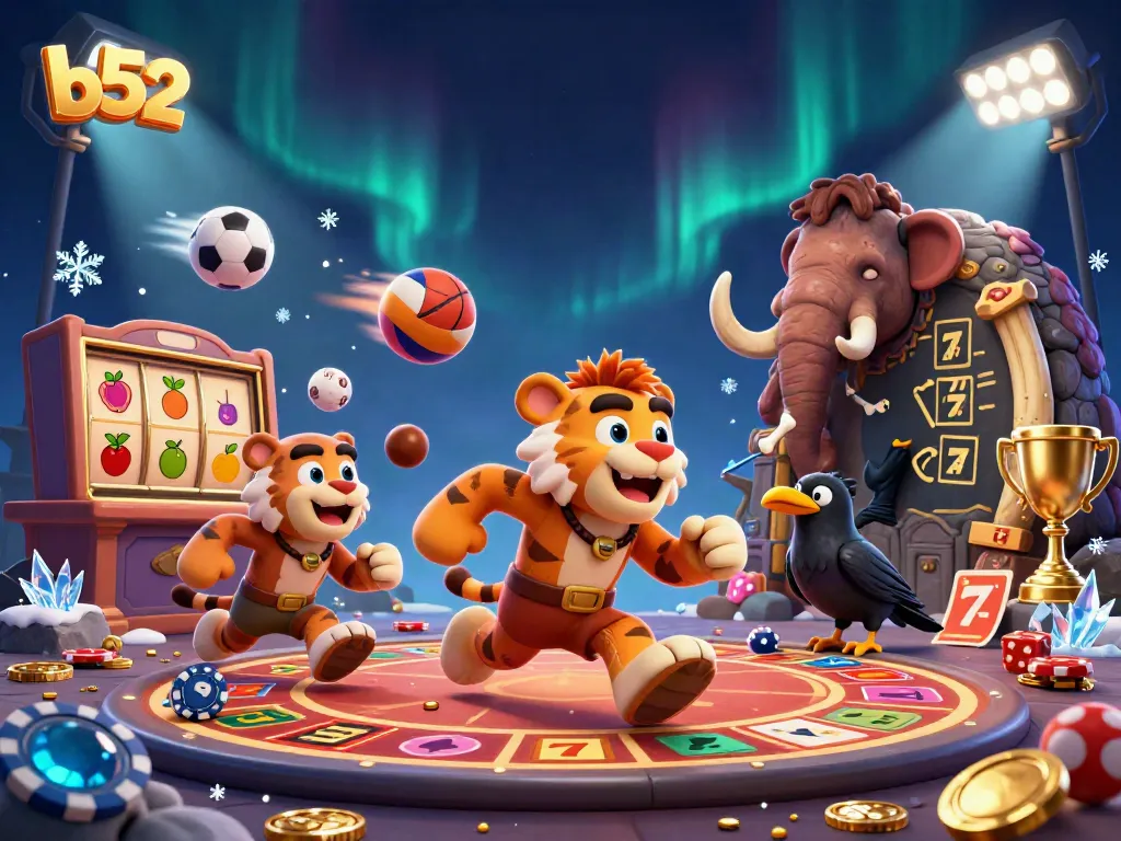 B52 themed prehistoric casino scene with caveman, sabertooth tiger, and crow amidst dynamic slot elements.