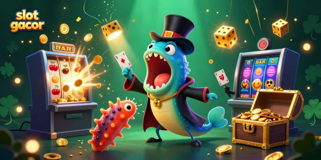 Slot gacor yang menarik dengan karakter kartun 3D dan mesin slot yang meledak dengan koin.