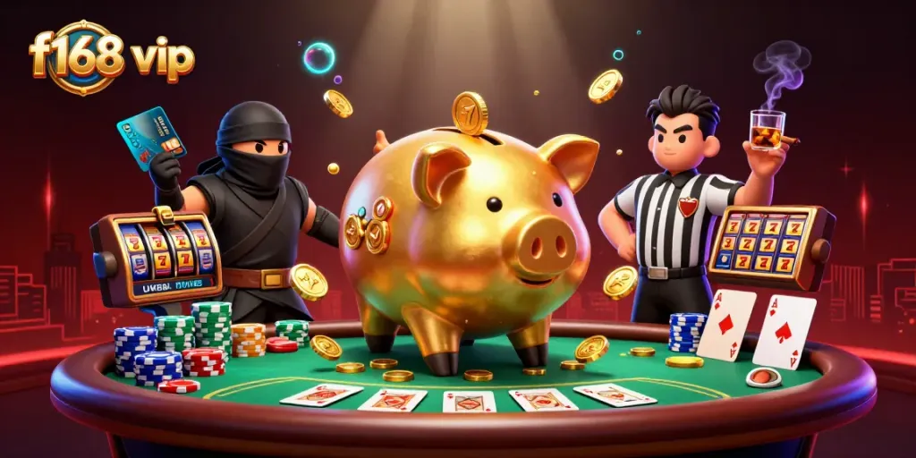 Engaging scene featuring f168 vip with a golden piggy bank wrestler, ninja, and samurai amidst poker and slot elements.