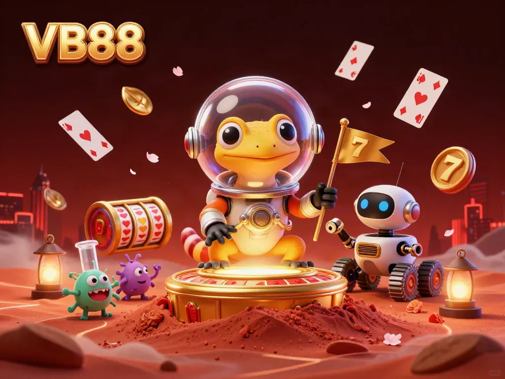 Experience the vibrant VB88 gaming universe with a Martian gecko discovering a hidden golden casino.