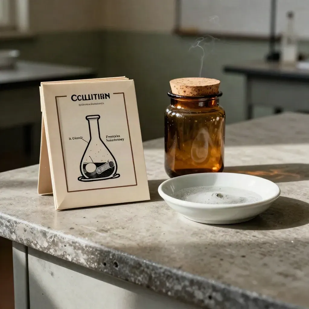Porcelanowa miska, słój i karta chemii na betonowym blacie z delikatną pianą.