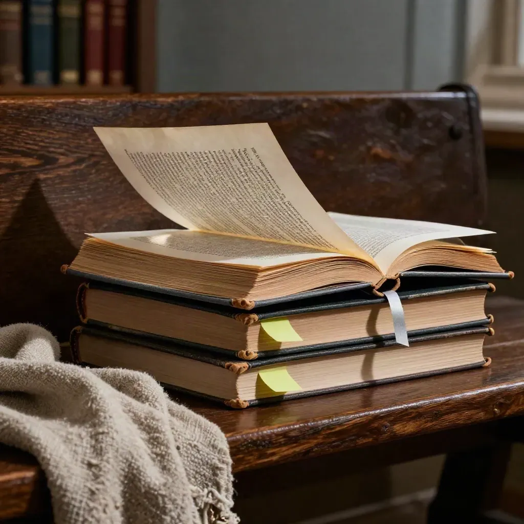 Stosy książek z zakładkami na ławce w bibliotece, z poruszającą się kartką.