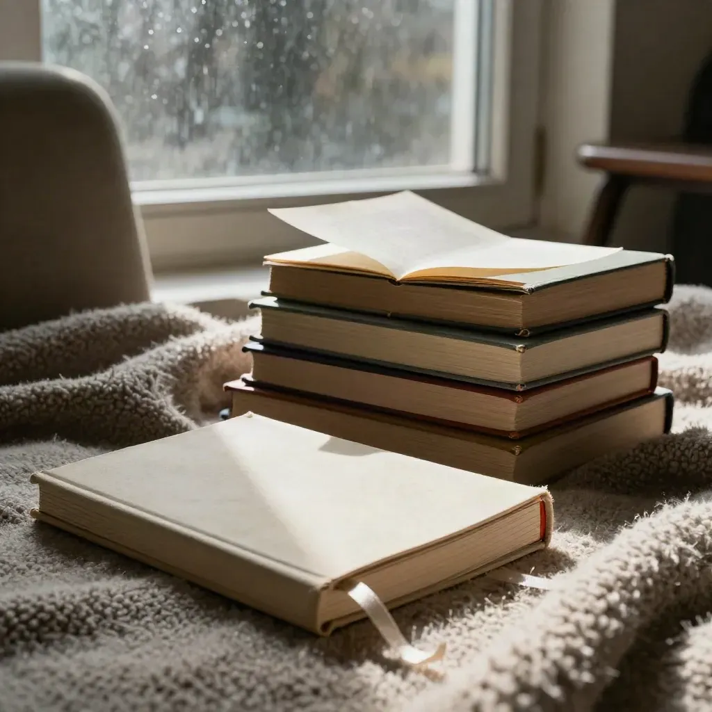 Zbliżenie na booklet z literatury i stos paperbacków na wełnianym kocu przy oknie w ciepłym świetle.