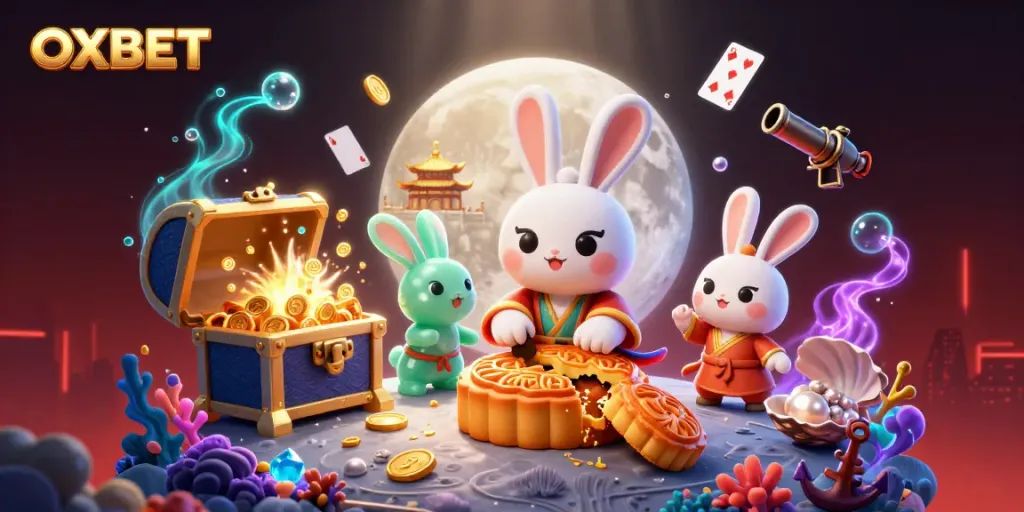 Engage with OXBET's vibrant casino experience featuring a moon rabbit cracking open mooncakes revealing poker chips.