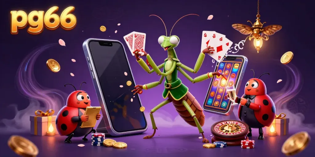 Experience winning action with pg66 as a giant praying mantis deals cards and chips in a vibrant casino scene.