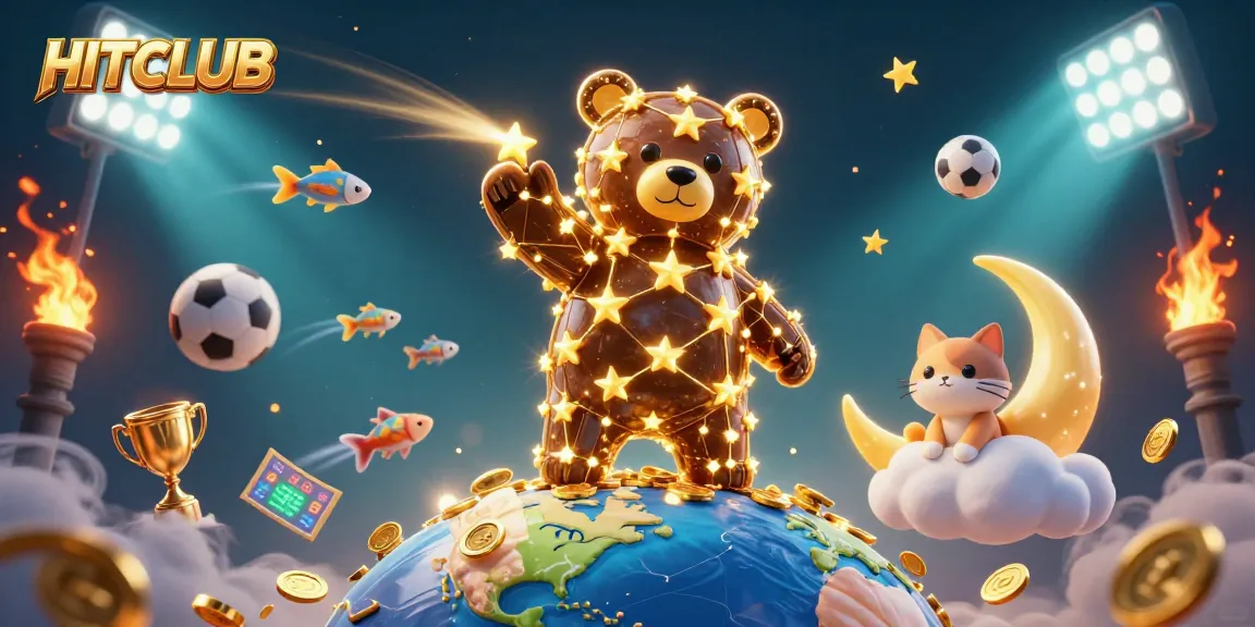 Engage with HITCLUB in a vibrant 3D casino scene filled with dynamic sports elements and golden treasures.