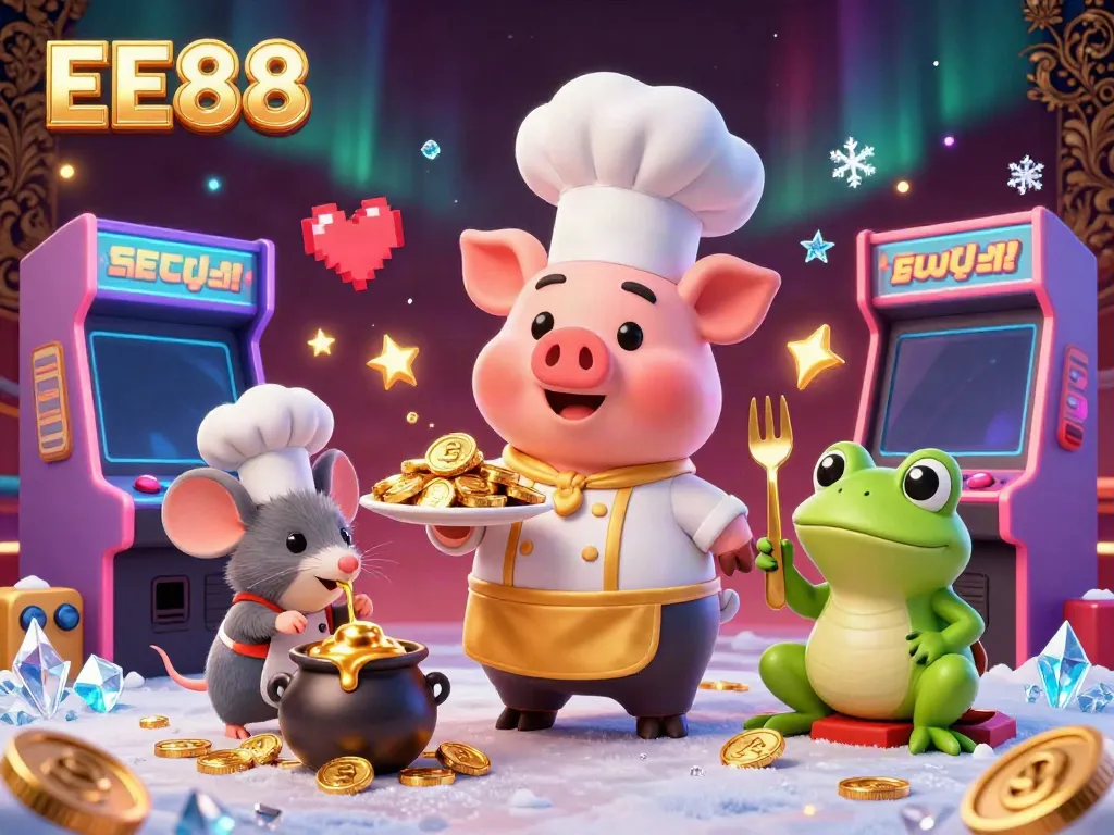 Experience the dynamic EE88 casino scene with chef pig, gold coins, and vibrant gaming elements.