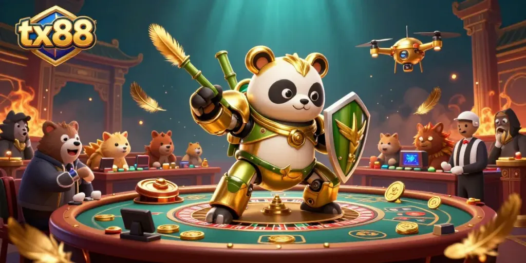Experience excitement with tx88 as a golden panda in a robot battles in a vibrant casino arena.