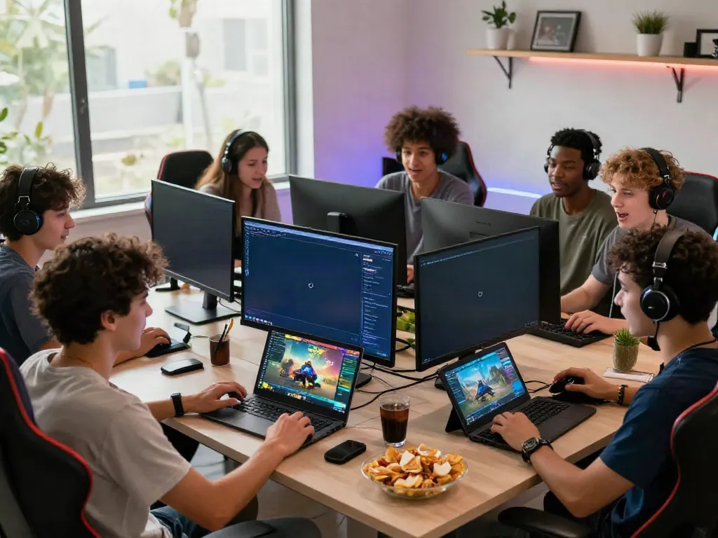 Friends enjoying an engaging gaming session on Sunwin platform in a vibrant home office.