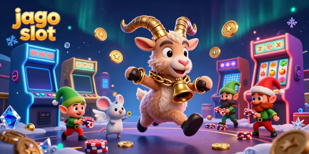 Visualisasi jago slot dengan karakter kartun dalam kasino horor festival yang berisi slot reel dan simbol buah.