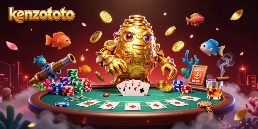 Kenzototo highlights thrilling fish shooting action with a golden golem amidst vibrant underwater elements.