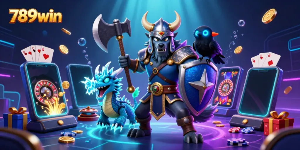 Experience thrilling gameplay at 789win with vibrant casino elements featuring a wolf warrior and dragon!