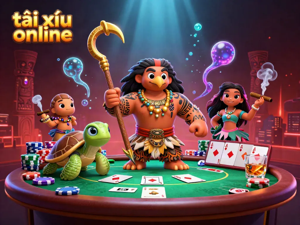 Experience the thrill of tài xỉu online with a dynamic illustration featuring vibrant characters and casino elements.