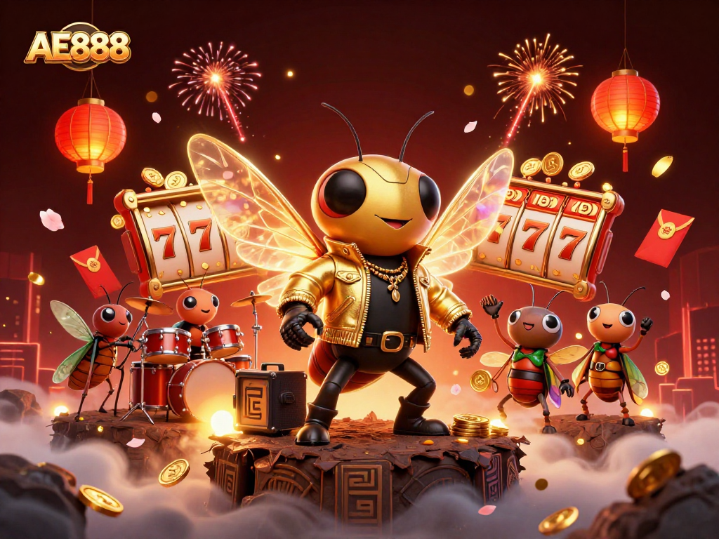 Experience the thrill of AE888 with a vibrant 3D illustration of a rock star cicada and casino elements.