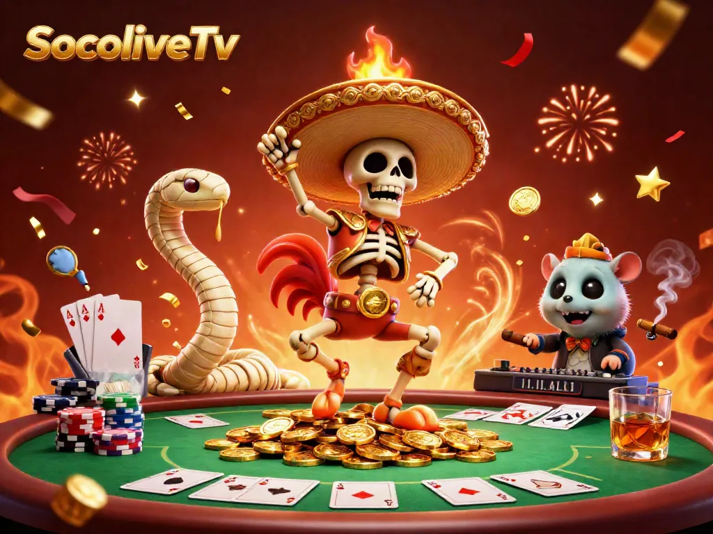 SocoliveTv features a lively 3D illustration of a mariachi rooster dancing on golden coins, surrounded by vibrant poker elements.