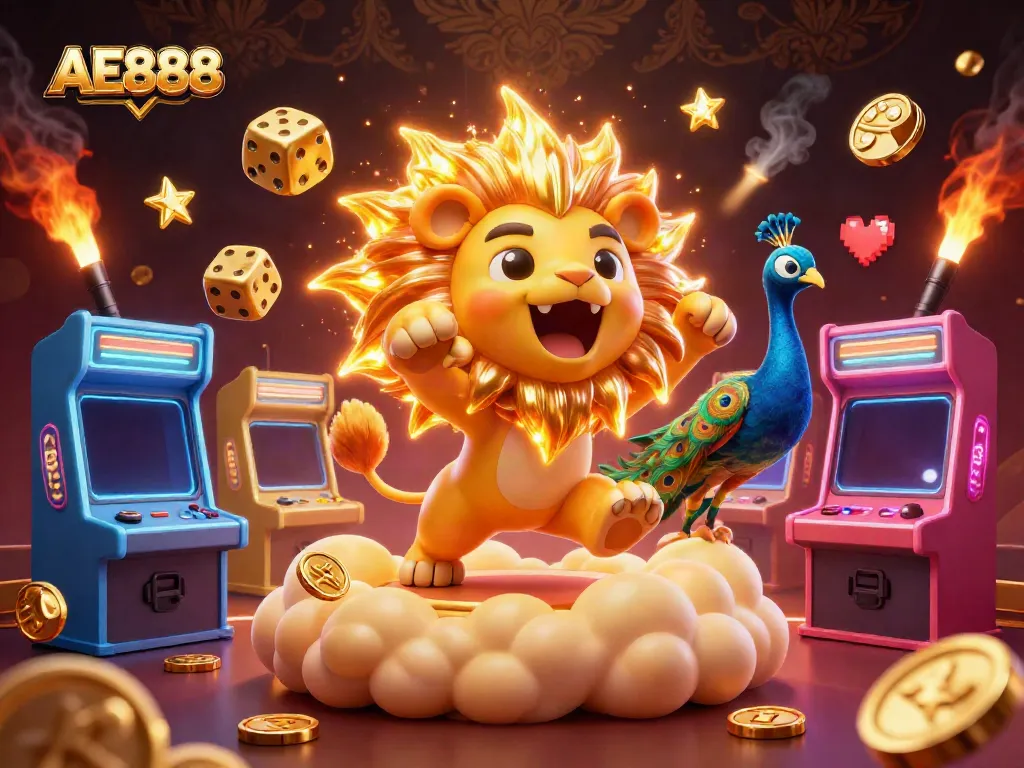 Experience the excitement of AE888 with a dynamic 3D illustration of casino-themed characters and elements.