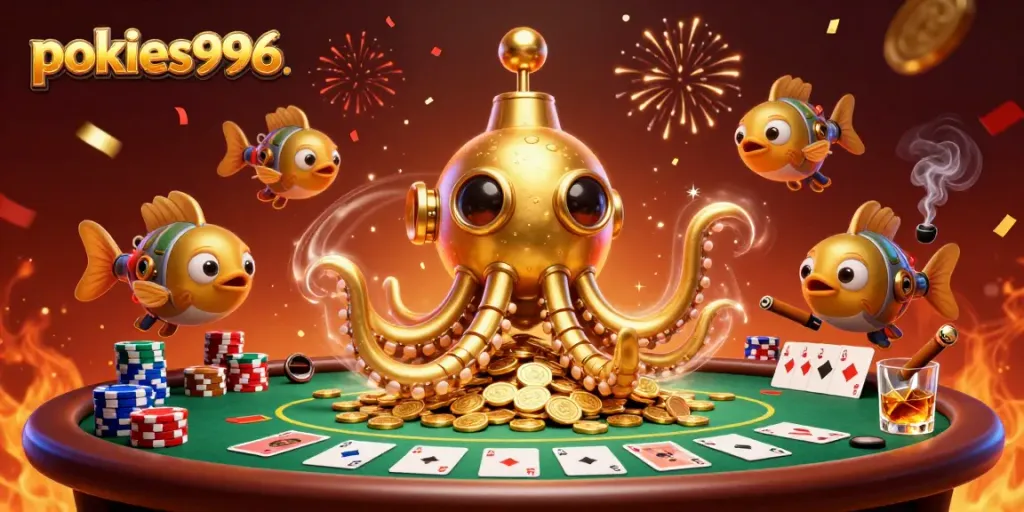 Experience pokies996 action with a vibrant kraken submarine gameplay scene filled with poker excitement.