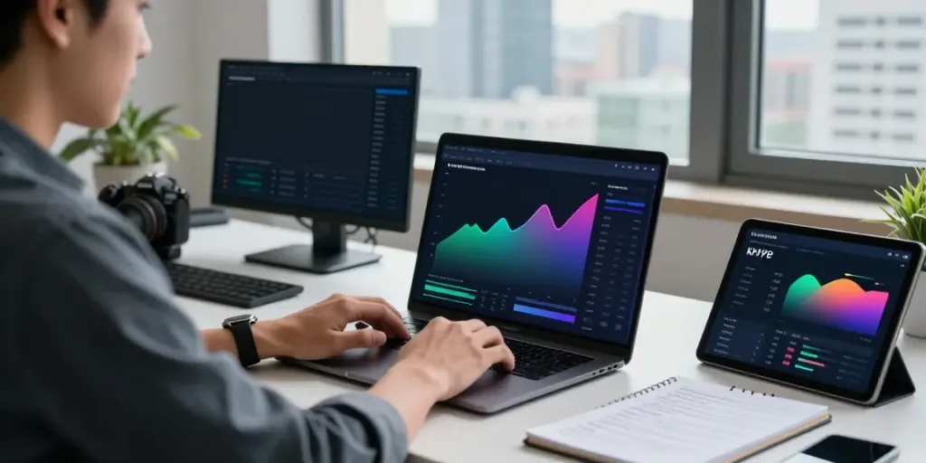 User analyzing HYPE staking rewards data at a modern workspace with multiple screens