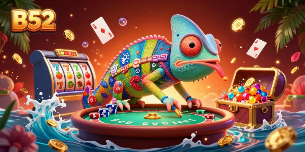 Engage in thrilling games at B52 with a vibrant casino scene featuring a colorful chameleon and dynamic slots.