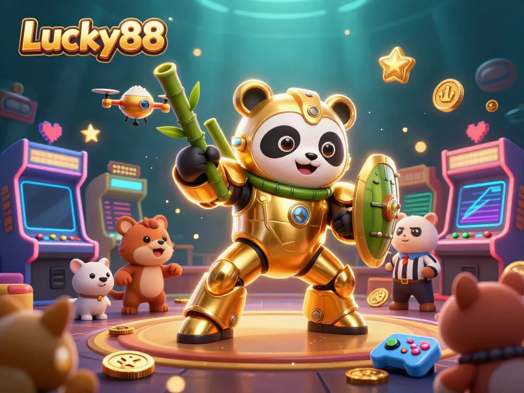 Engage with Lucky88's exciting casino gaming world in a vibrant, cartoonish 3D arena.