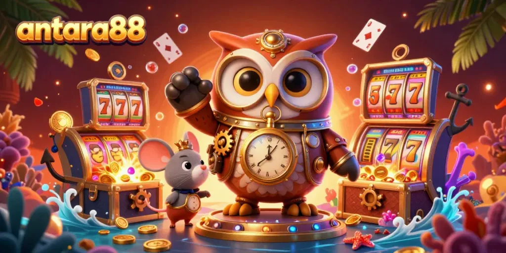 Experience the vibrant gaming universe of antara88 with a steampunk owl and clockwork mouse surrounded by dazzling casino elements.