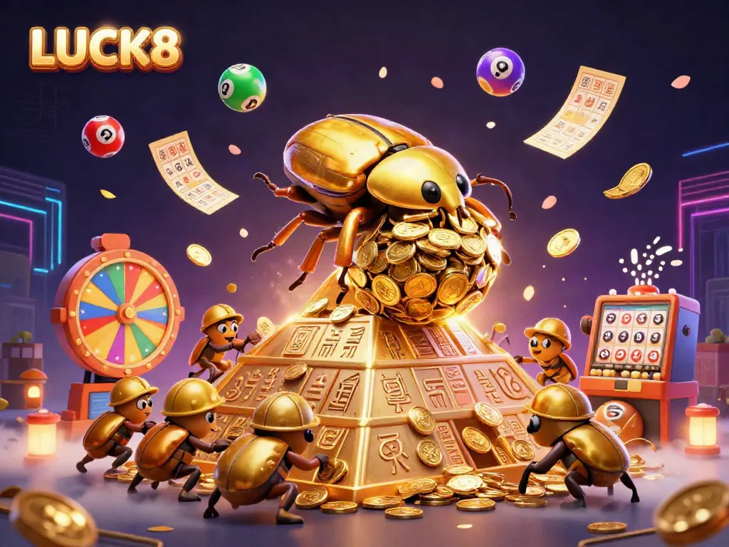 Experience LUCK8 with a vibrant casino-themed 3D illustration showcasing golden elements and dynamic lottery symbols.