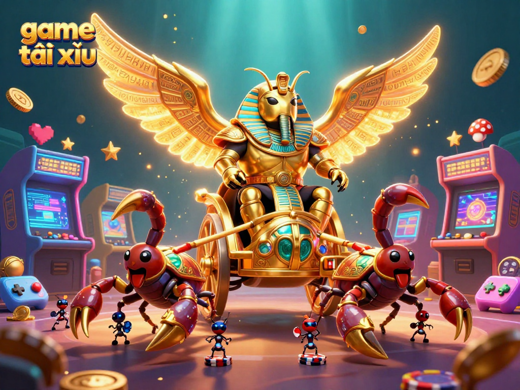 Engage in game tài xỉu with a dynamic 3D illustration of fantasy characters amidst vibrant casino elements.