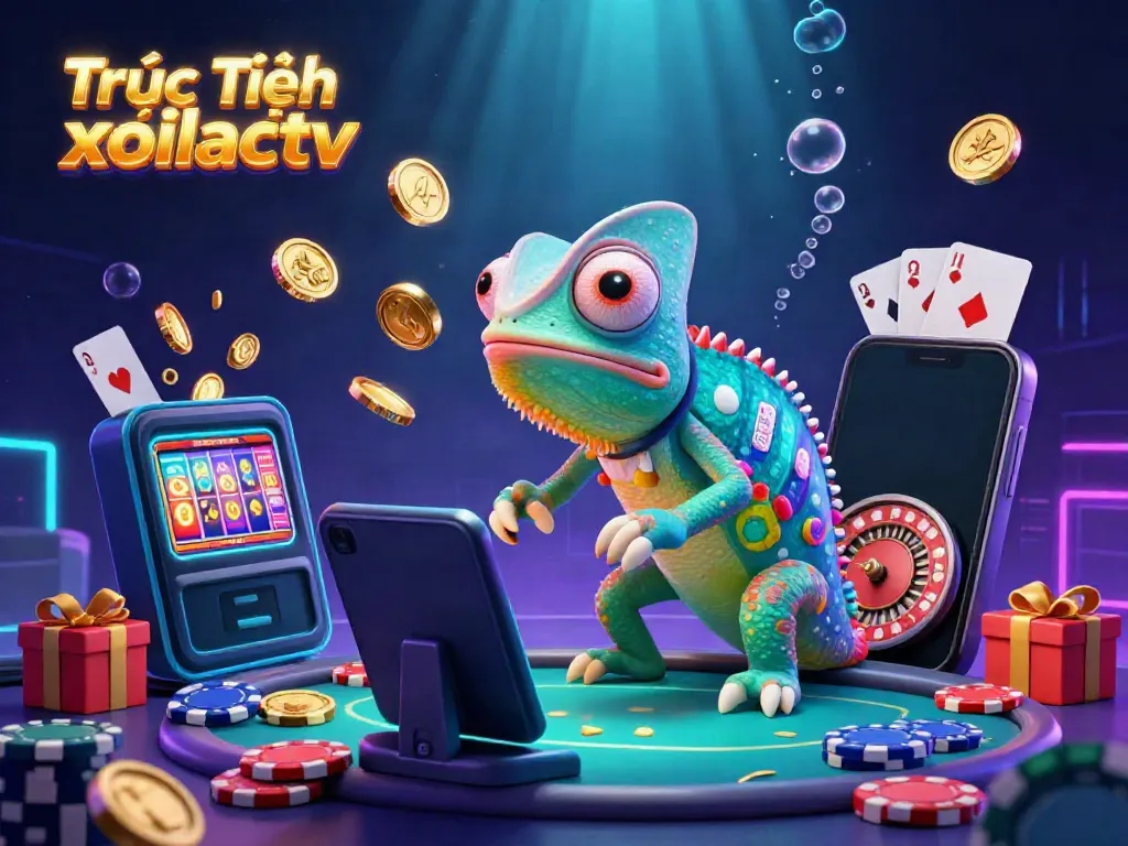 Engage with Trực Tiếp xoilactv's vibrant chameleon character while experiencing thrilling casino elements.
