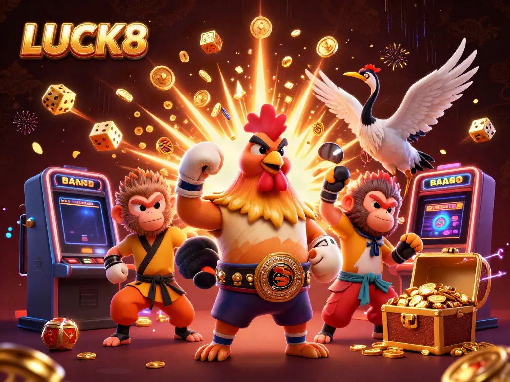 Experience LUCK8's thrilling gaming action with a dynamic 3D illustration featuring vibrant characters and exciting casino elements.