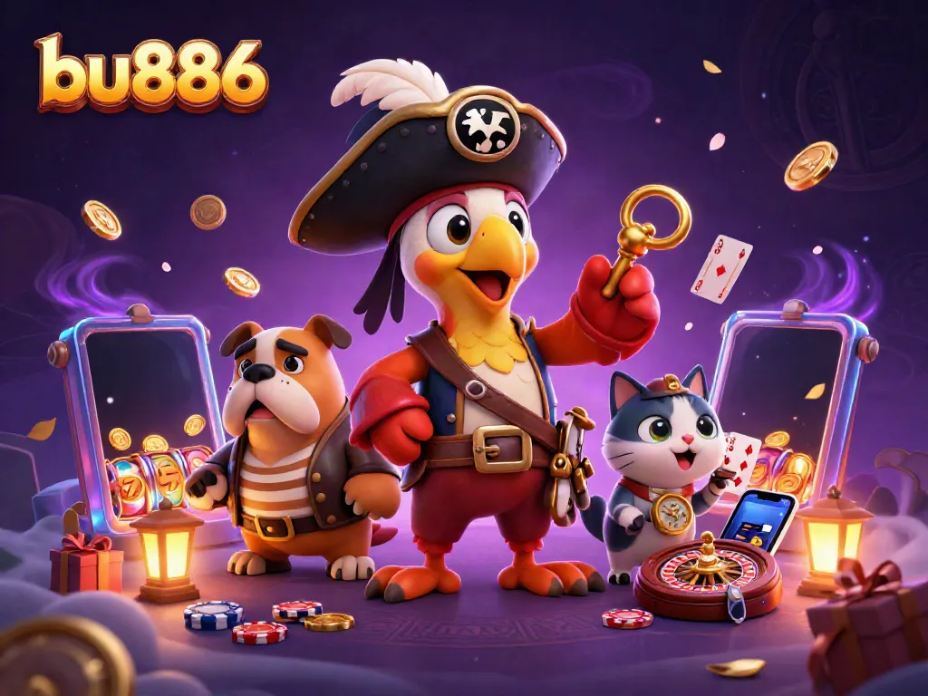 Spin the reels of fortune with bu886 in this vibrant 3D casino adventure scene.