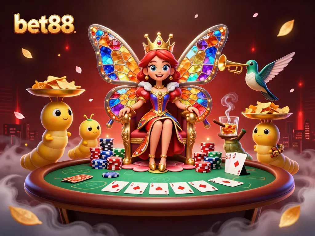 Engage in thrilling games at bet88 with a vibrant 3D casino scene featuring a butterfly queen and colorful poker elements.